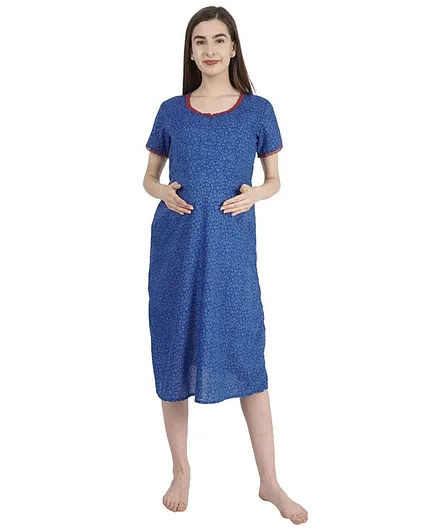 Morph Half Sleeves All Over Printed Maternity Feeding Nighty - Blue