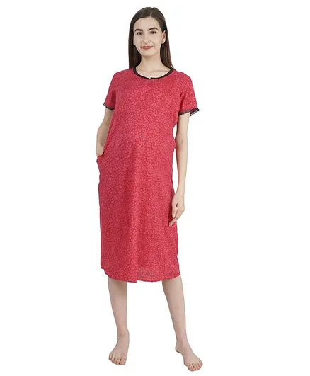 Morph Half Sleeves All Over Printed Maternity Feeding Nighty - Pink