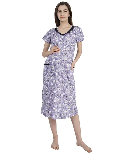 Morph Short Sleeves Floral Print Maternity Nighty - Lavender