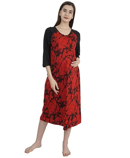 Morph Raglan Three Fourth Sleeves Tie & Dye Pattern Maternity Nighty - Red & Black