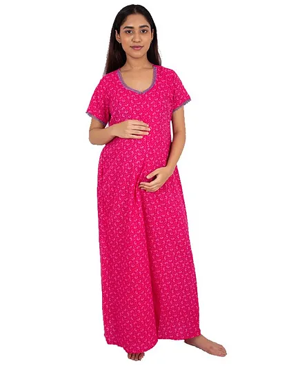 Morph Half Sleeves Paisley Printed Maternity Nighty - Pink