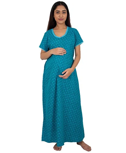 Morph Half Sleeves Paisley Printed Maternity Nighty - Blue