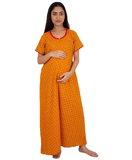 Morph Half Sleeves Paisley Printed Maternity Nighty - Orange