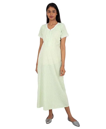 Morph Half Sleeves Striped Maternity Nighty - Green & White