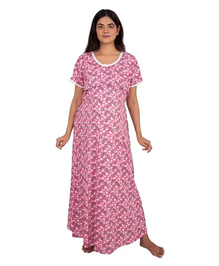 Morph Half Sleeves All Over Heart Printed Maternity Nighty - Pink