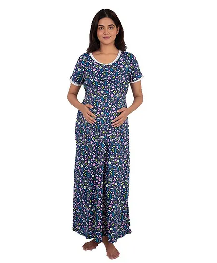 Morph Half Sleeves Floral Print Maternity Nighty - Blue