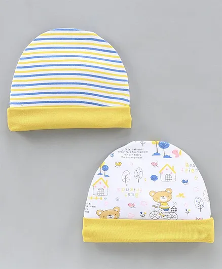 Babyhug 100% Cotton Cap Striped and Printed Yellow Pack of 2 - Diameter 10.5 cm