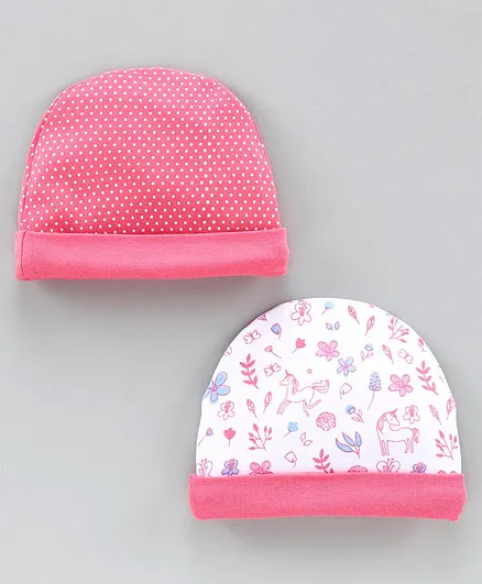 Babyhug 100% Cotton Cap Printed Pink Pack of 2 - Diameter 10.5 cm