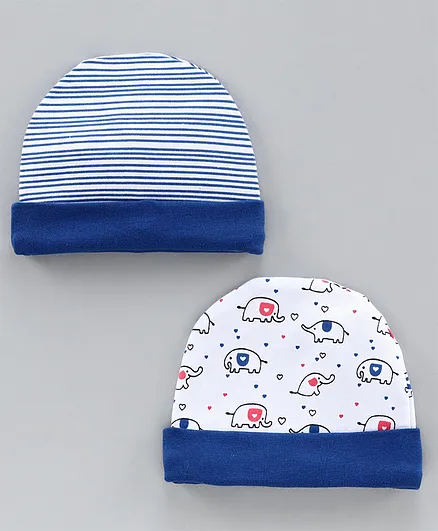 Babyhug 100% Cotton Cap Striped and Printed Blue Pack of 2 - Diameter 10.5 cm