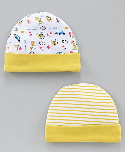 Babyhug Striped & Printed 100% Cotton Caps Set of 2 Yellow - Diameter 10.5 cm