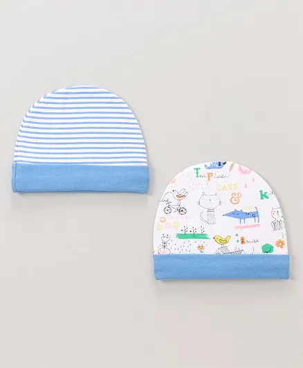 Babyhug Striped & Printed 100% Cotton Caps Set of 2 Blue - Diameter 11 cm
