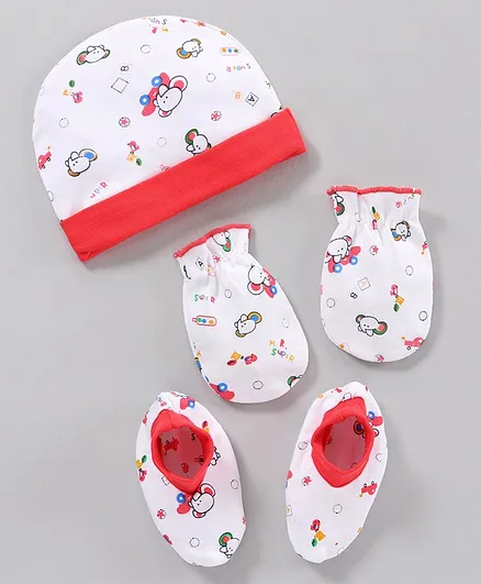 Babyhug 100% Cotton Cap Mitten & Booties Set White - Diameter 10 cm