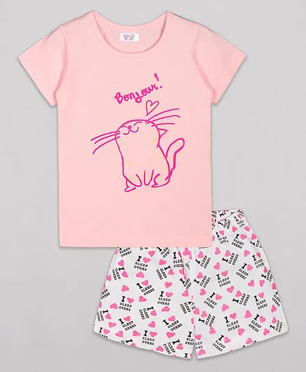 Sheer Love Bonjour Printed Half Sleeves Night Suit - Pink