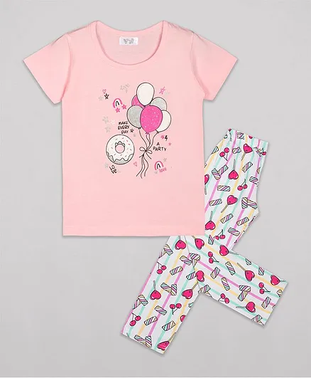 Sheer Love Balloons Printed Half Sleeves Night Suit - Pink