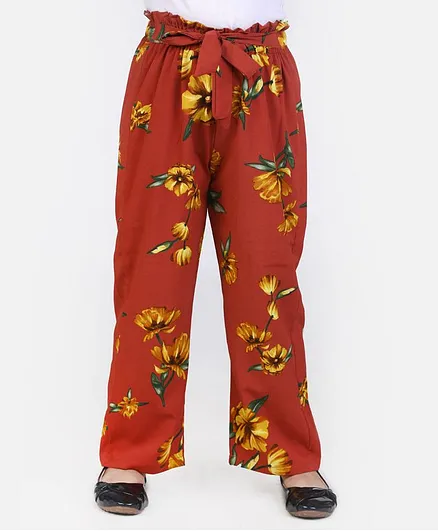 Cutiekins Floral Print Knot Belt Palazzo Pants - Brown