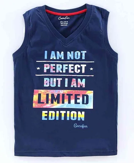 Cucu Fun Sleeveless T-Shirt Text Print - Navy Blue
