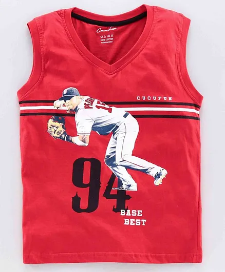 Cucu Fun Sleeveless T-Shirt Baseball Print - Red