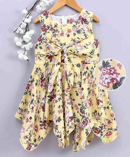 Twetoons Sleeveless Front Tie Knot Closure Frock Floral Print - Yellow