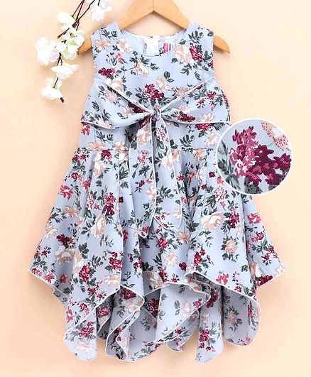 Twetoons Sleeveless Front Tie Knot Closure Frock Floral Print - Blue
