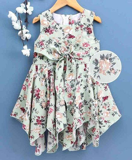 Twetoons Sleeveless Front Tie Knot Closure Frock Floral Print - Light Green
