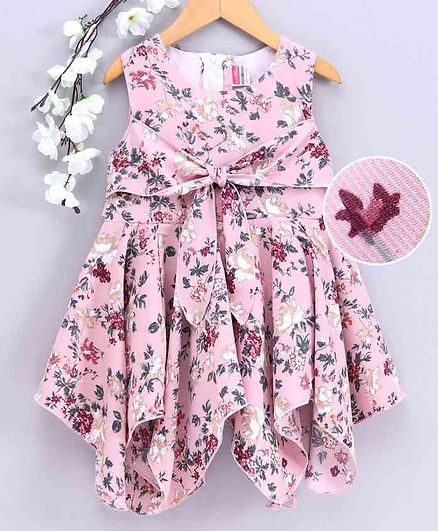 Twetoons Sleeveless Front Tie Knot Closure Frock Floral Print - Peach