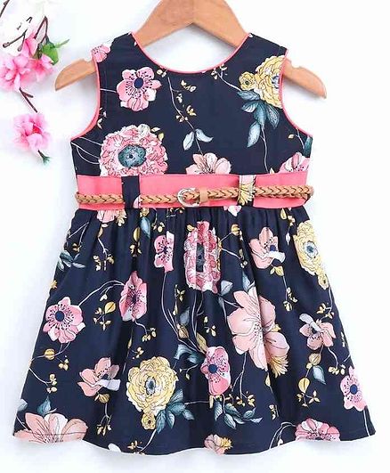 Twetoons Sleeveless Frock with Belt Floral Print - Navy Blue