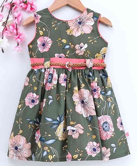 Twetoons Sleeveless Frock with Belt Floral Print - Olive Green