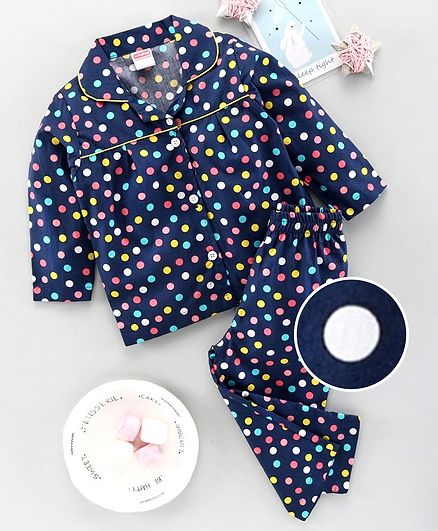 Babyhug Full Sleeves Night Suit Polka Dot Print - Navy Blue