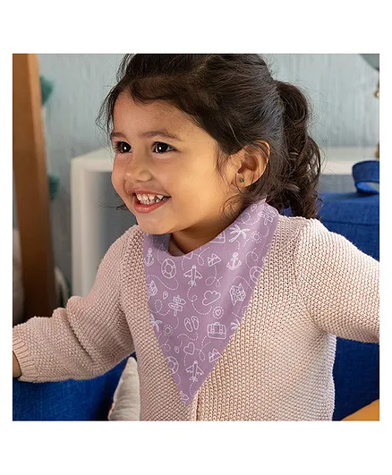 Polka Tots 100% Organic Cotton Two Layer Bandana Style Bibs Travel Print - Purple