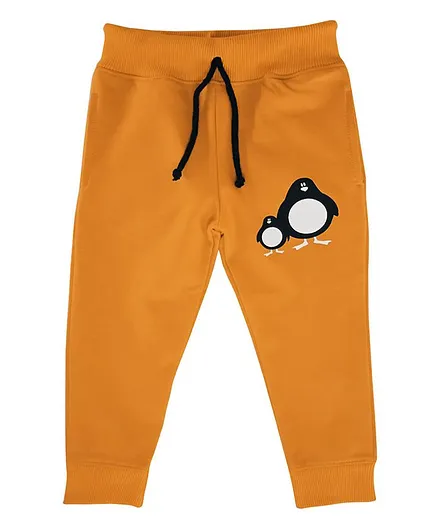 Snowflakes Full Length Penguins Print Lounge Pants - Mustard Yellow