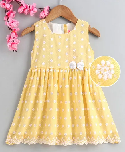 Babyhug Sleeveless Frock with Corsage & Floral Embroidery - Yellow