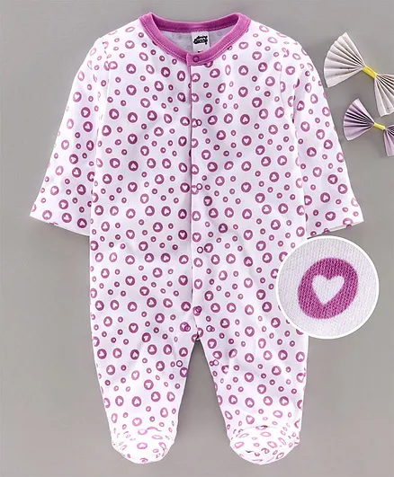 Spring Bunny Full Sleeves Hearts Printed Footed Romper - Purple