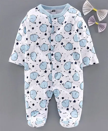 Spring Bunny Full Sleeves Whales Printed Footed Romper - Blue