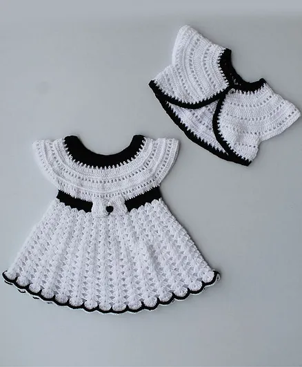 Woonie Half Sleeves Solid Handmade Dress With Shrug - White