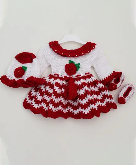 Woonie Flower Decorated Full Sleeves Dress With Cap & Booties - White & Red