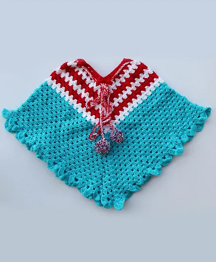Woonie Striped Pattern Handmade Half Sleeves Poncho - Blue
