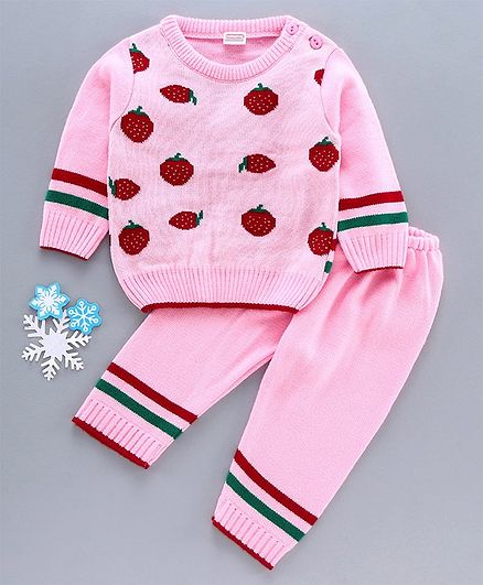 Babyhug Full Sleeves Baby Sweater Set Strawberry Design - Pink