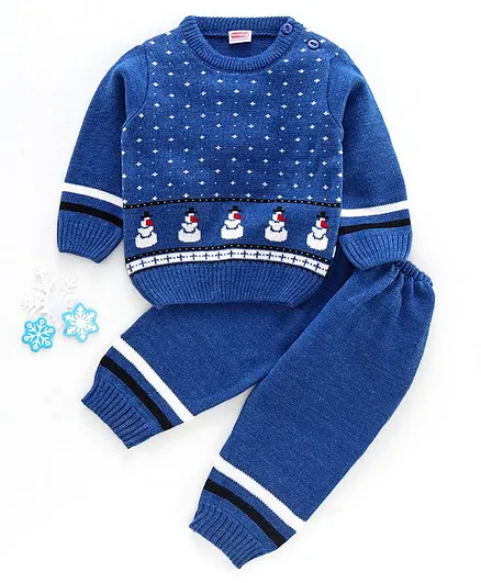 Babyhug Full Sleeves Baby Sweater Set Snow Man Design - Blue