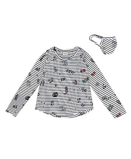 RAINE AND JAINE Full Sleeves Striped Tee With Face Mask - White & Blue