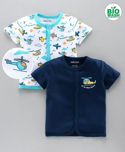Babyoye Half Sleeves Jhabla Helicopter Print Pack of 2 - Blue