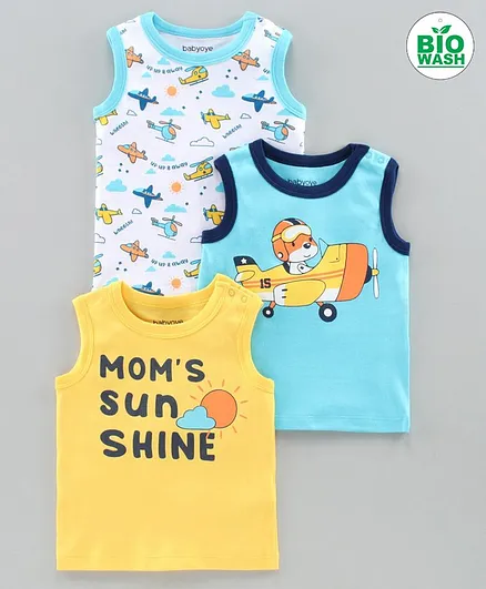 Babyoye Bio-Wash Sleeveless Cotton Tee Aeroplane Print Pack of 3 - Blue
