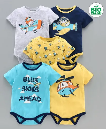 Babyoye Half Sleeves Onesie Plane Print Pack of 5 - Yellow