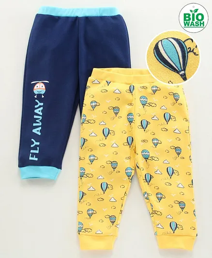 Babyoye Cotton Full Length Lounge Pants Hot Air Balloon Print Pack Of 2 - Yellow Navy
