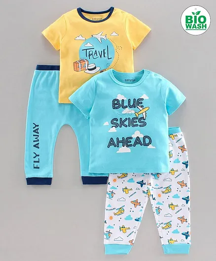 Babyoye Cotton T-Shirt & Bottoms Set Text Print Pack Of 2 - Blue Yellow