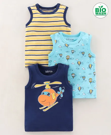 Babyoye Cotton Sleeveless T-Shirts Pack Of 3 - Blue