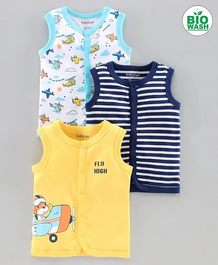 Babyoye Bio Wash Sleeveless Vests Pack of 3 - Multicolor
