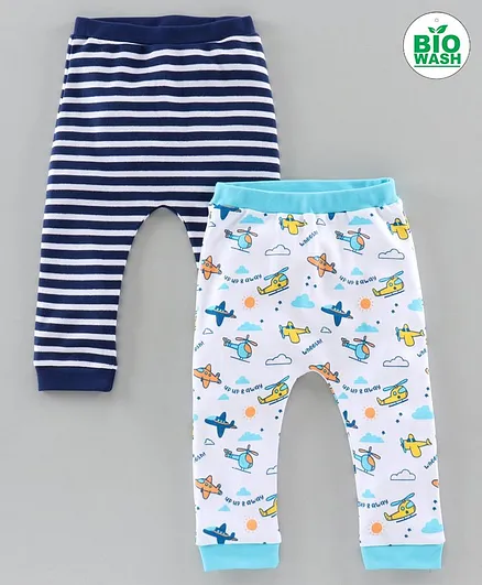 Babyoye Full Length Diaper Leggings Aeroplane Print Pack of 2 - White Blue