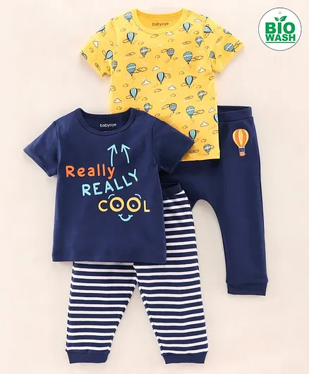 Babyoye Bio-Wash Half Sleeves Tee and Lounge Pant Set Hot Air Balloon Print Pack of 2 - Yellow