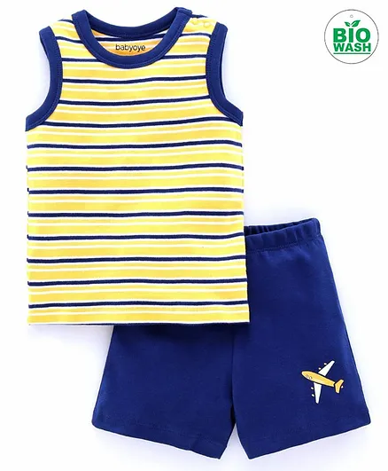 Babyoye Sleeveless Striped Tee & Shorts Set Aeroplane Print - Yellow
