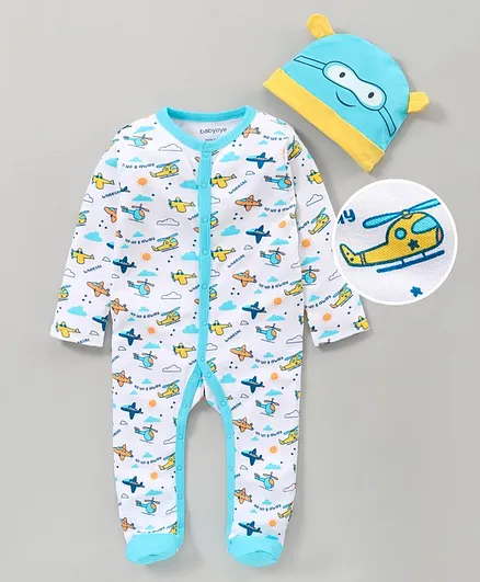 Babyoye Cotton Full Sleeves Footed Sleepsuit With Cap Aeroplane Print - White Blue